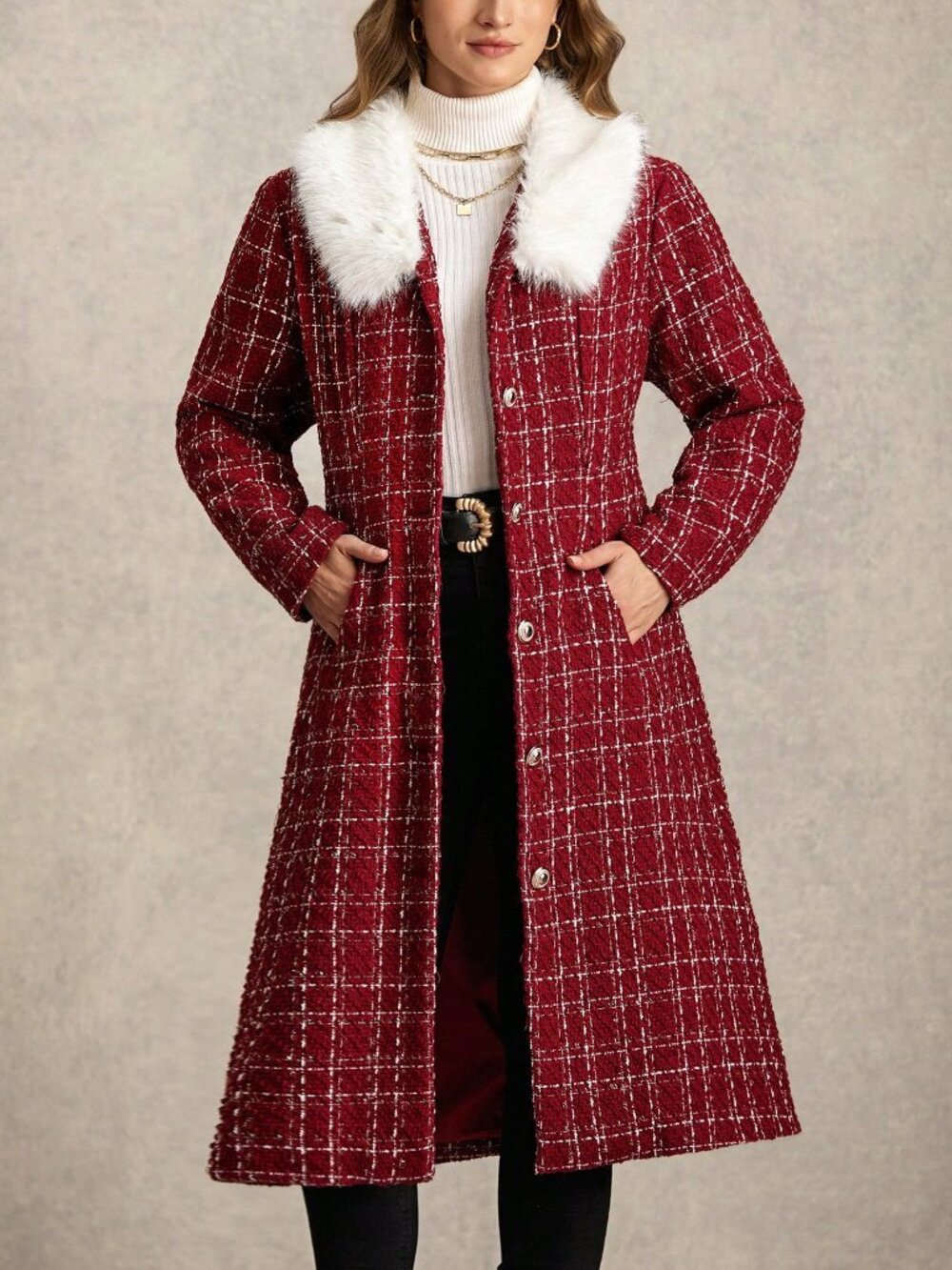 Red Elegant Women's Contrast Faux Fur Plaid Double-Breasted Midi Overcoat - Picture 7 of 8